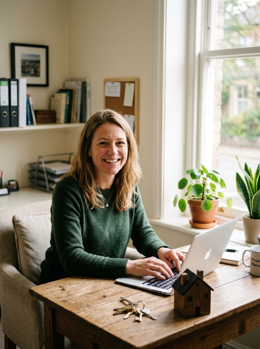 A property manager working at a laptop in a bright office