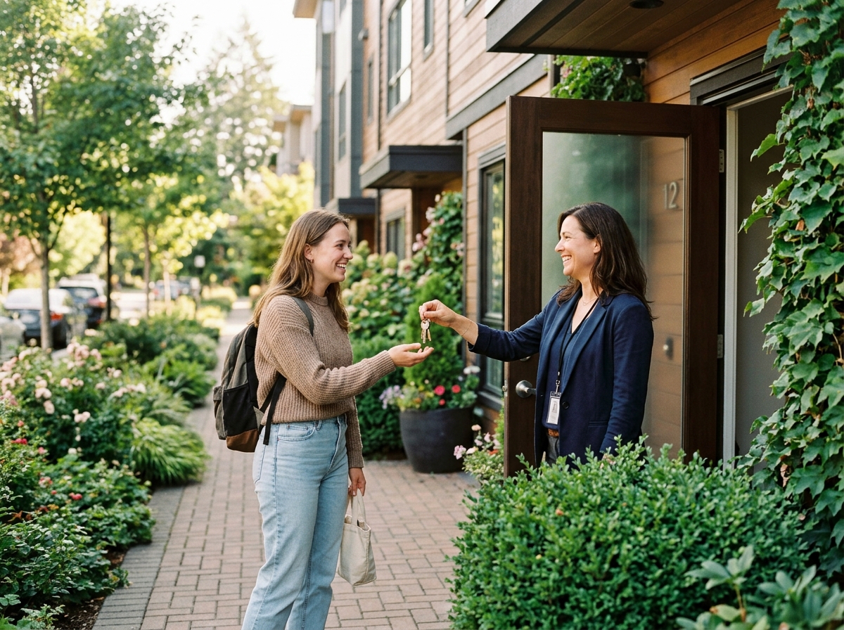 A property manager handing keys to a smiling new tenant at the front door